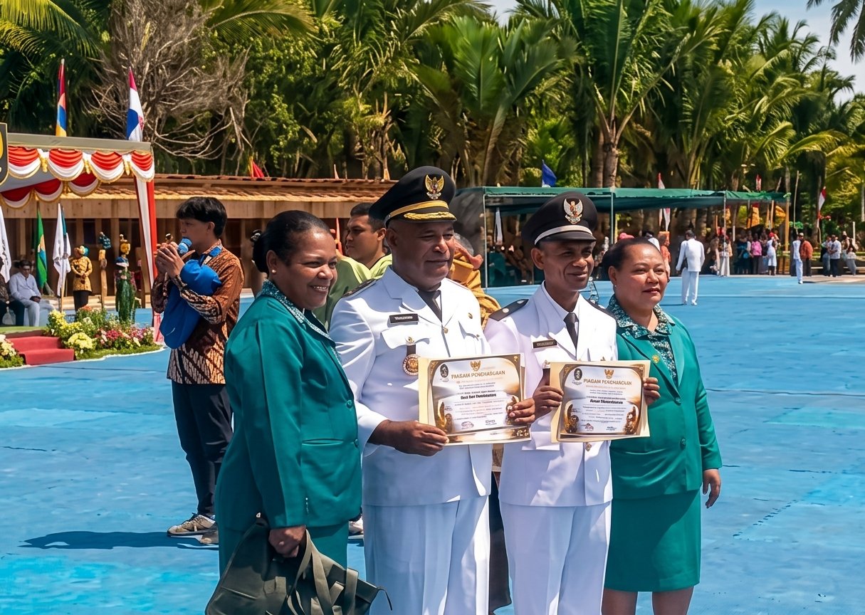 Istimewa di HUT RI ke-81, Bupati Jayapura Serahkan Penghargaan untuk Kepala Kampung Ifale dan Yahim di Lapangan FDS Khalkote